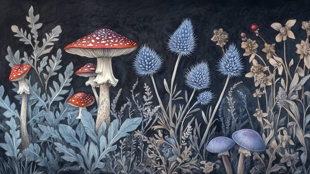 Detailed botanical illustration with mushrooms