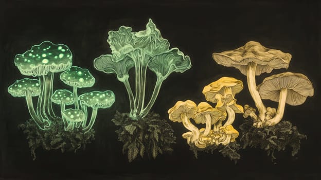 Detailed botanical drawing showcasing mushrooms