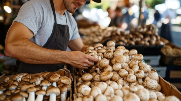Farmers' market with mushrooms in containers