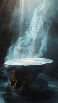 Mysterious stone altar surrounded by ethereal mist, atmospheric lighting. Fantasy and mystical scene concept.
