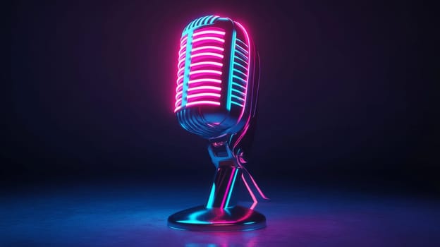 Retro microphone with neon lights, vintage style concept.