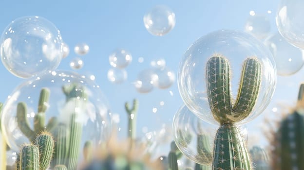 Cactus in transparent bubbles under a clear blue sky.