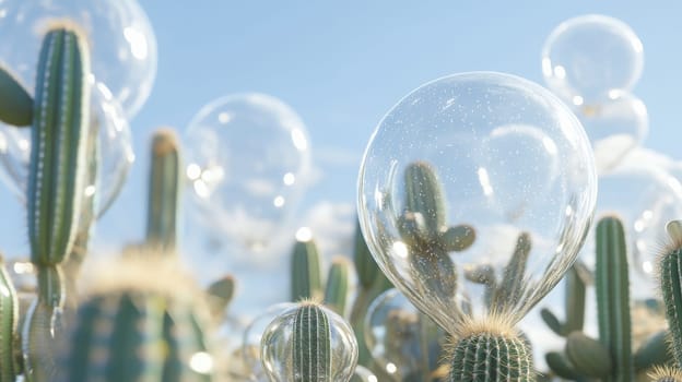 Cactus in desert with reflective bubble overlays, surreal nature concept.