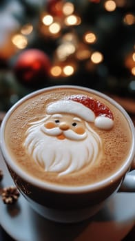 Santa claus latte art with christmas decorations, cozy holiday concept.