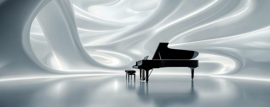 Grand piano in futuristic white hall with abstract swirls, minimalist design concept.