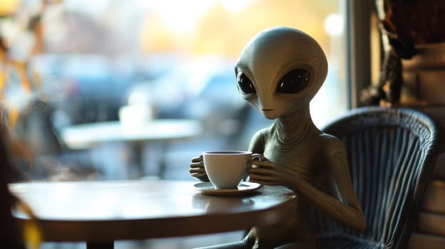 Alien sitting in a cafe enjoying a cup of coffee.