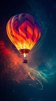 Colorful hot air balloon in the night sky with glowing fire, surreal atmosphere. Adventure and exploration concept.