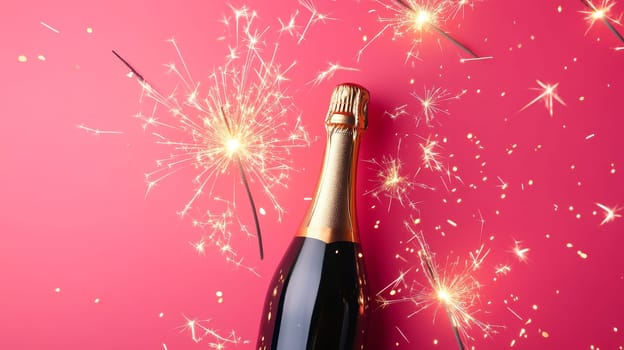 Champagne bottle with sparklers on pink background, festive celebration concept.