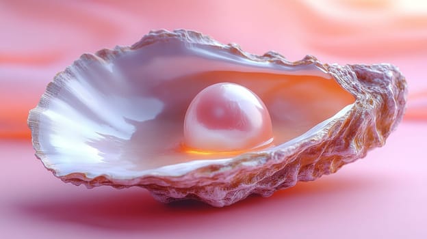 Pearl in an open oyster shell on a pink background, elegant beauty and nature concept.