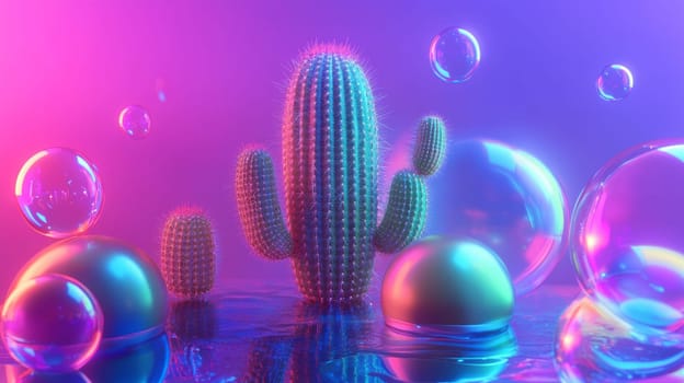 Neon cactus with bubbles and abstract background, vibrant colors. Futuristic art and nature concept.
