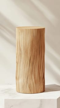 Natural wooden stump on marble platform, minimalist decor concept.
