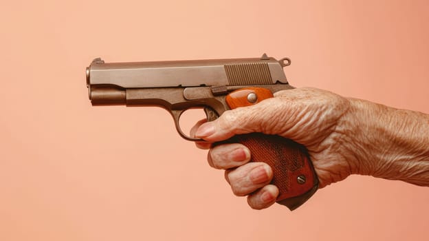Elderly hand holding a handgun on peach background, safety and age concept.