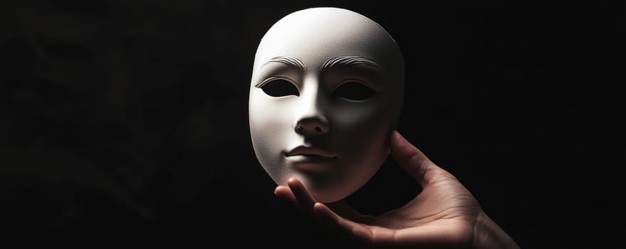 Hand holding a white mask against a dark background.