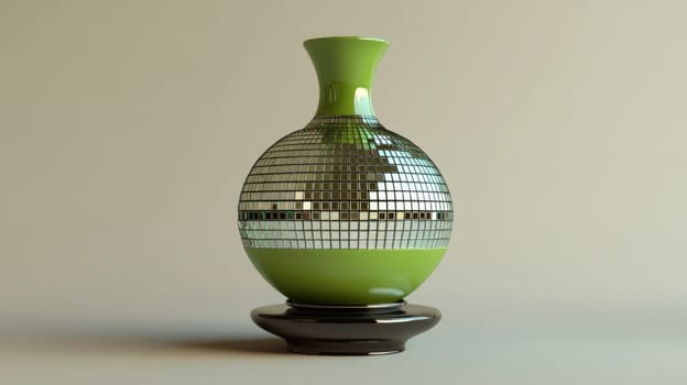 Green ceramic vase with mirrored mosaic on a neutral background. Modern art and design concept.