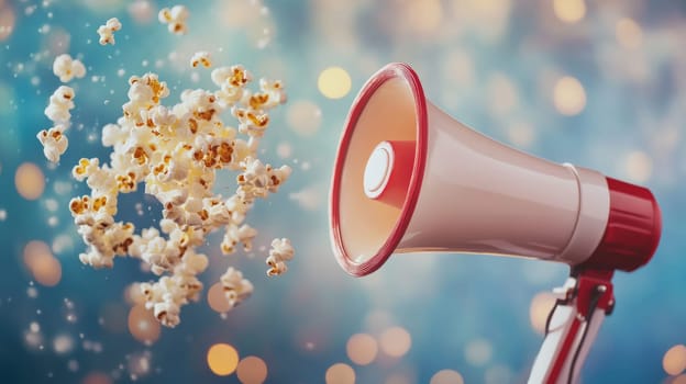 Megaphone with flying popcorn against a bokeh background.