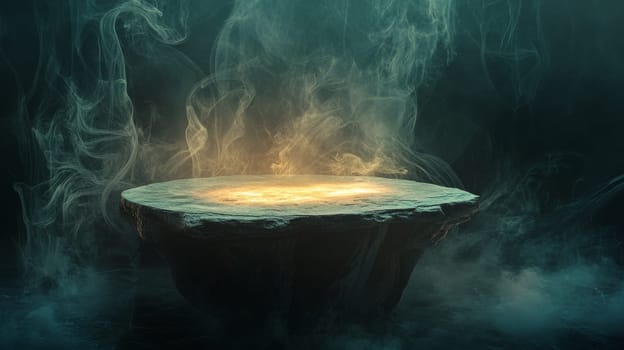 Mystical stone platform surrounded by swirling smoke, magical atmosphere. Fantasy and mystery concept.