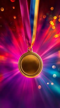 Golden medal with colorful ribbon on abstract vibrant background.