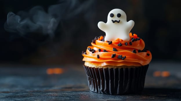 Halloween cupcake with ghost decoration, festive treat.