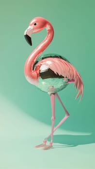 Flamingo made of disco ball standing on pastel green background.