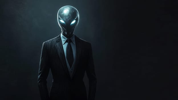 Alien figure in a suit with glowing eyes in dark atmosphere.