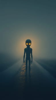 Alien figure with glowing eyes standing on foggy road at night, mysterious atmosphere. Science fiction and extraterrestrial concept.