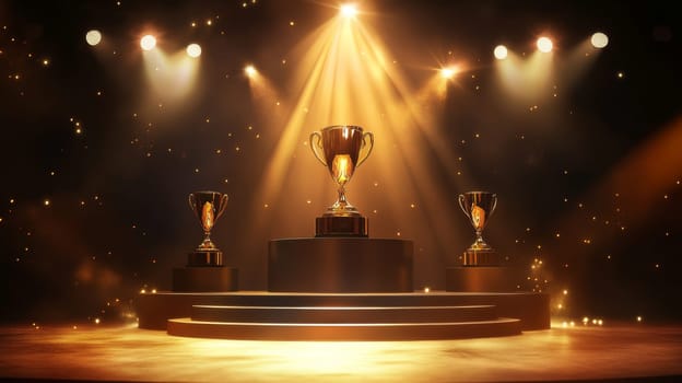 trophies on podium under spotlights with golden glow, celebration and achievement concept.