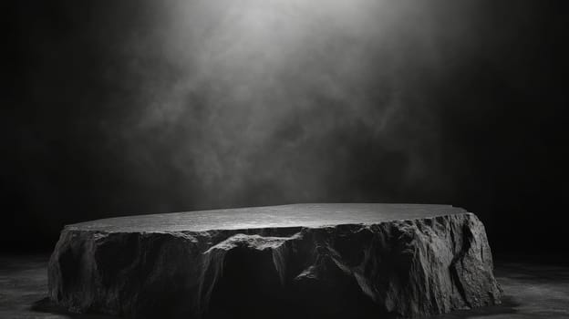 Stone pedestal in dark foggy environment, mysterious atmosphere concept.