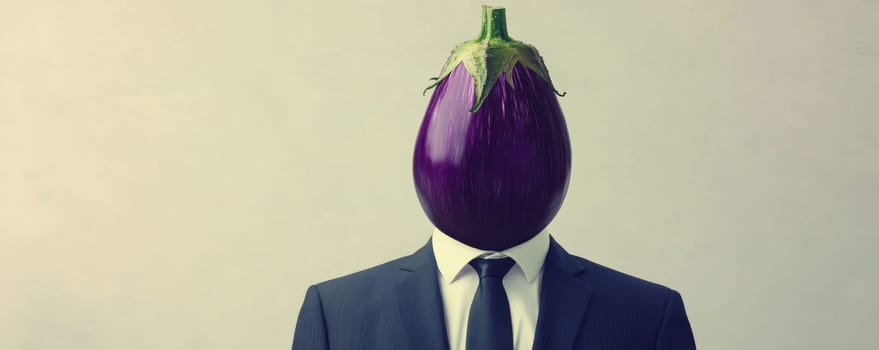 Businessman with eggplant head in suit, surreal concept.