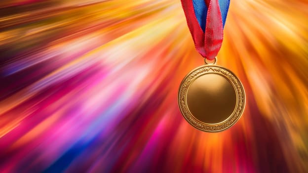Gold medal with red and blue ribbon on vibrant colorful background.