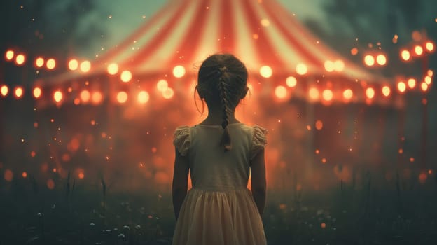 Young girl gazing at illuminated carnival tent in dusk, dreamlike atmosphere. Childhood wonder and curiosity concept.