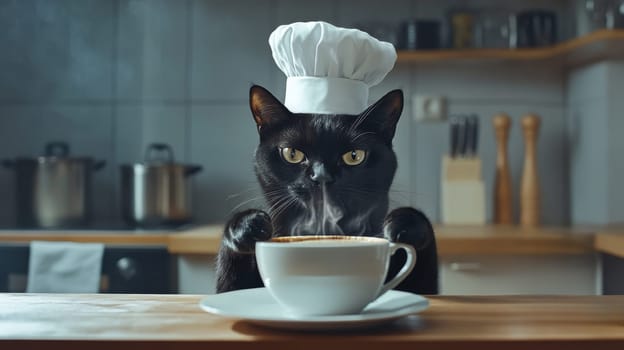 Black cat wearing chef hat with coffee cup in kitchen.