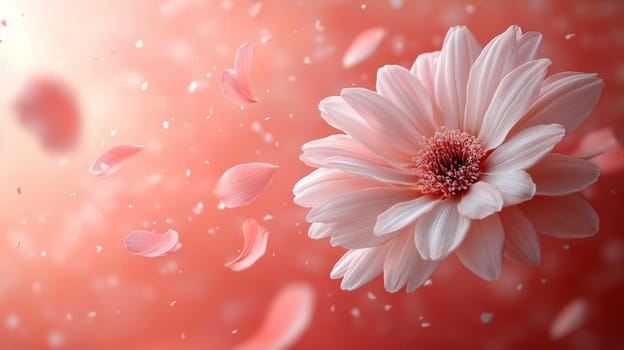 Pink gerbera daisy with falling petals, soft focus. Romantic floral and serenity concept.
