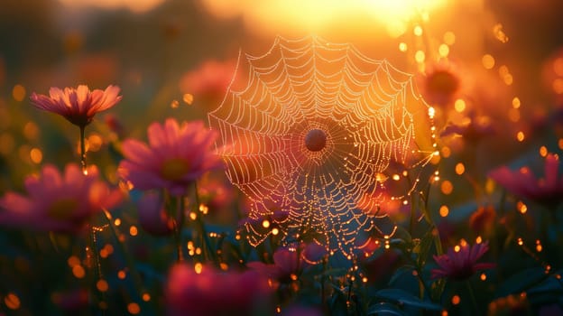 Spider web in a field of flowers at sunrise, vibrant nature scene. Autumn morning and tranquility concept.