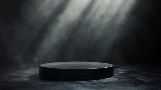 Dark stage podium with spotlight in misty atmosphere.