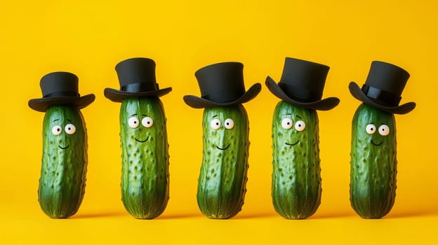 Cucumbers wearing top hats with funny faces on yellow background.