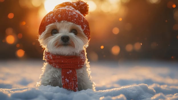 Cute dog in a red knitted hat and scarf in snowy landscape at sunset, cozy winter concept.