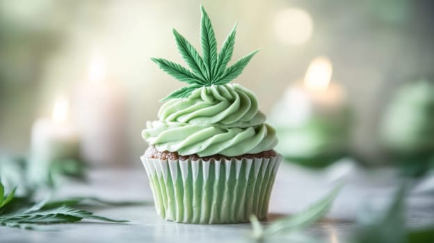 Green cannabis-themed cupcake with leaf decoration on blurred background, creative dessert concept.