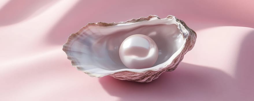 Pearl in an oyster shell with soft pink background, elegance and beauty concept.