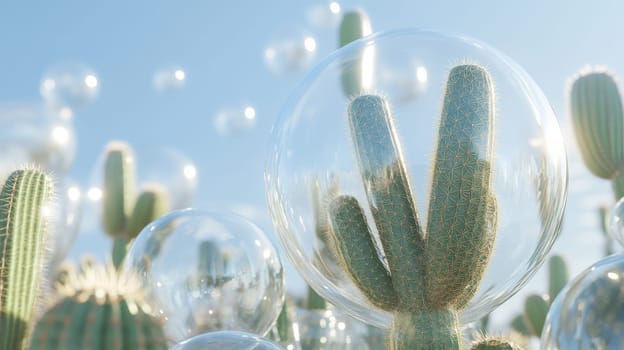 Cactus enclosed in transparent bubbles with a sunny sky.