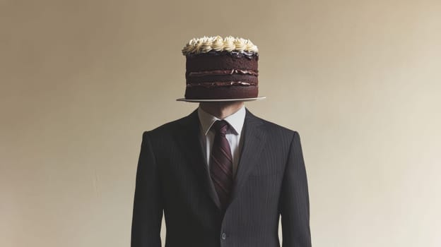 businessman with chocolate cake as head, surreal concept.