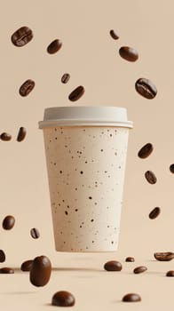 Coffee cup surrounded by floating coffee beans on beige background. Modern design and caffeine concept.