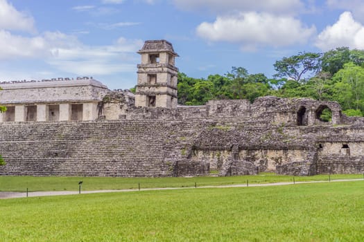 The ancient pyramids of Palenque in Mexico, surrounded by lush jungle. Iconic archaeological site showcasing Mayan culture and history. Travel, history, and adventure concept.