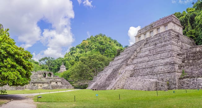 The ancient pyramids of Palenque in Mexico, surrounded by lush jungle. Iconic archaeological site showcasing Mayan culture and history. Travel, history, and adventure concept.