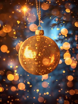 Golden ornament Christmas decoration with sparkle light and festive ball shining on a tree