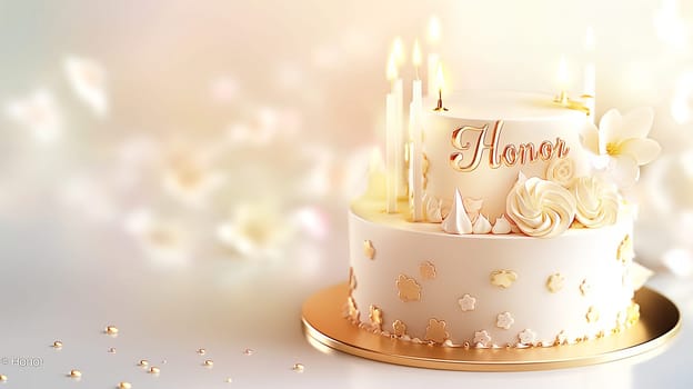 Elegant birthday cake with golden decorations, white flowers, and candles for a luxury celebration