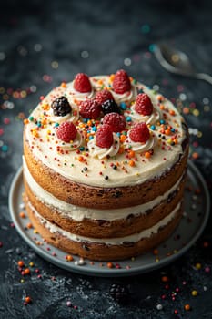 Layered cake with raspberry berries, frosting and sprinkles, a delicious dessert for any celebration