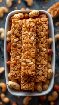 Granola bars with peanuts, almonds, and oats in a bowl, a healthy snack for breakfast