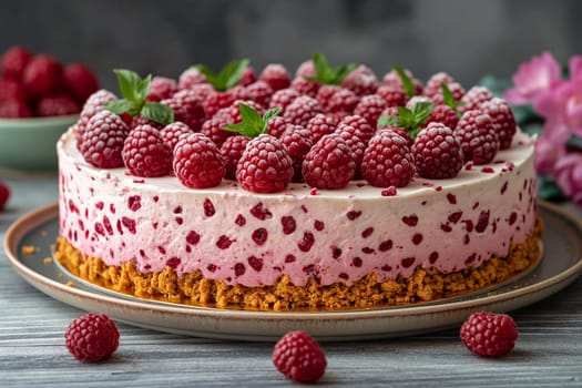 Raspberry cake dessert with pink cream and tasty fruit, a delicious and crumbly sweet treat