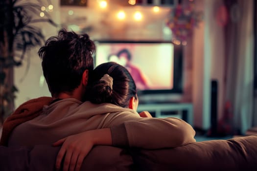 Couple sitting on a cozy couch in the evening with television on, warm blanket, and soft lights