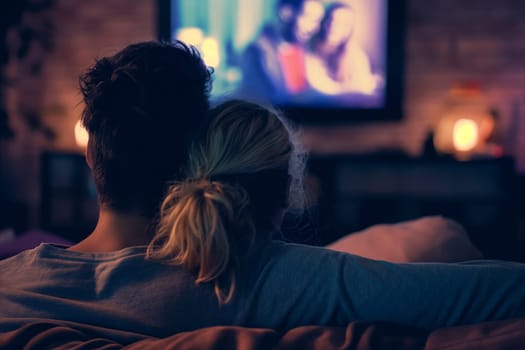 A couple watching television together on a couch at night, relaxing in a romantic home environment